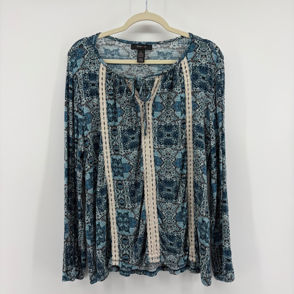 Style & co Peasant Top Blue Women Large Medallion Print Crochet Lace Tie Neck